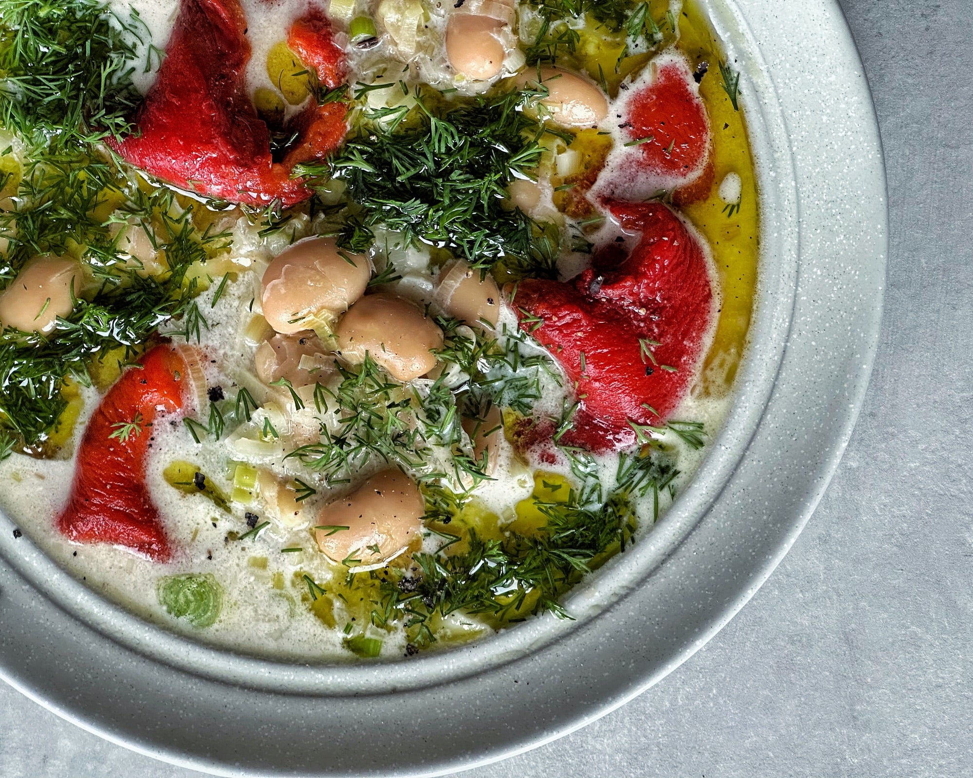 Brothy Beans with Roasted Red Peppers and Lots of Dill