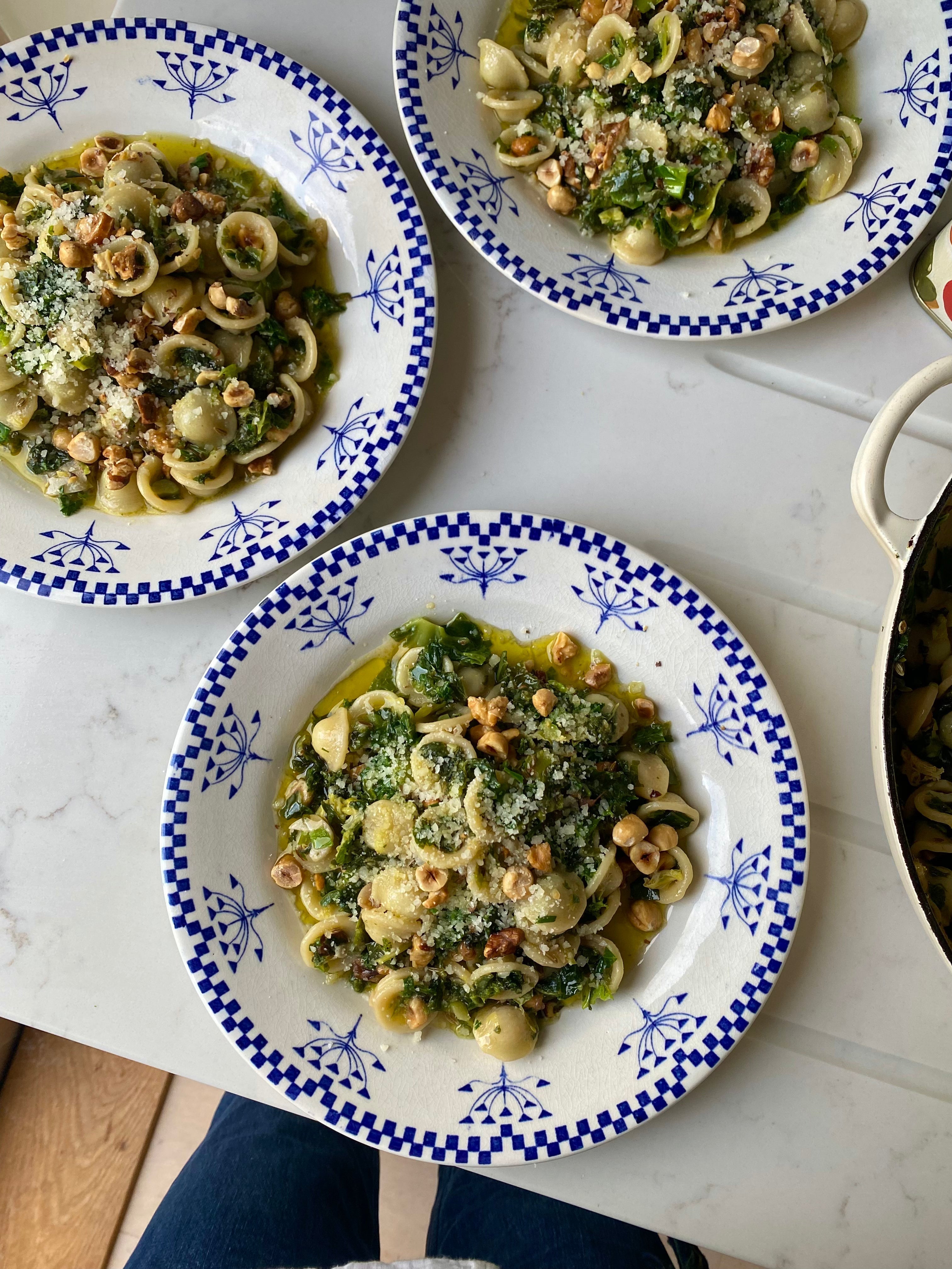 Winter greens orecchiette with pecorino & toasted nuts – Honest Toil Olive Oil