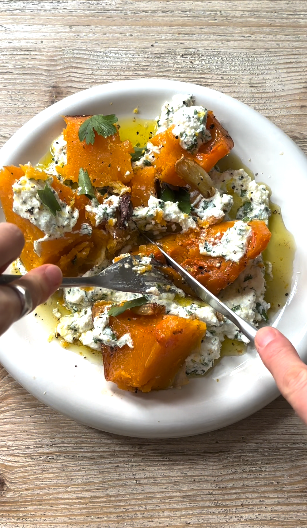 Butternut squash on a lemony ricotta bed with evoo-confit garlic - by Soph Gordon