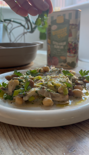 Garlicky chickpeas with pan fried mushrooms & crusty bread - by Sophie Gordon